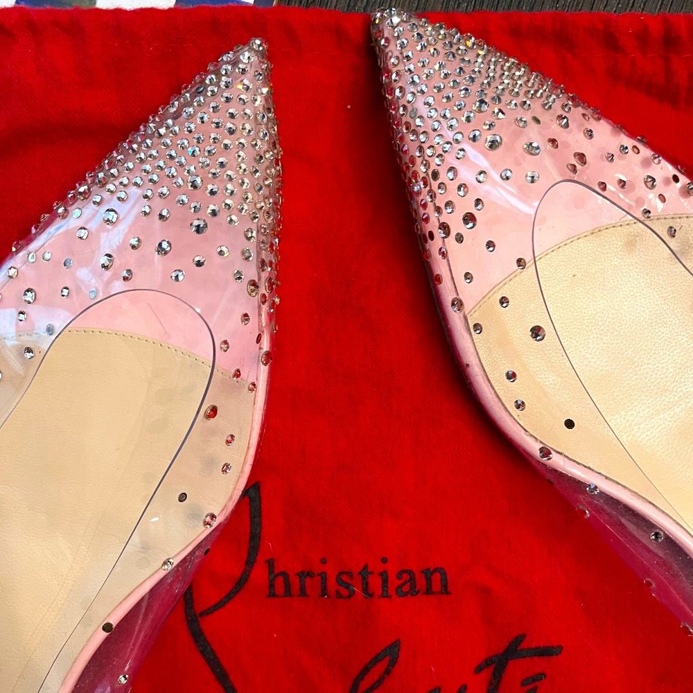 Christian Louboutin Degrastrass Follies Crystal Pink Stud Clear PVC Flats 42 12